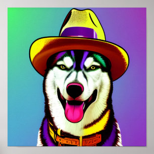 Pintura de arte pop de un perro Husky llevando un 