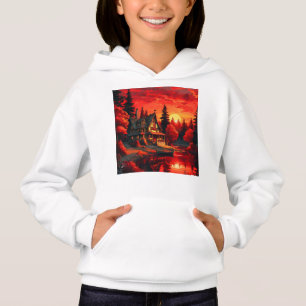 Pintura de atardecer con cabaña y lago-66633