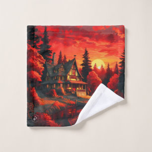 Pintura de atardecer con cabaña y lago-66633