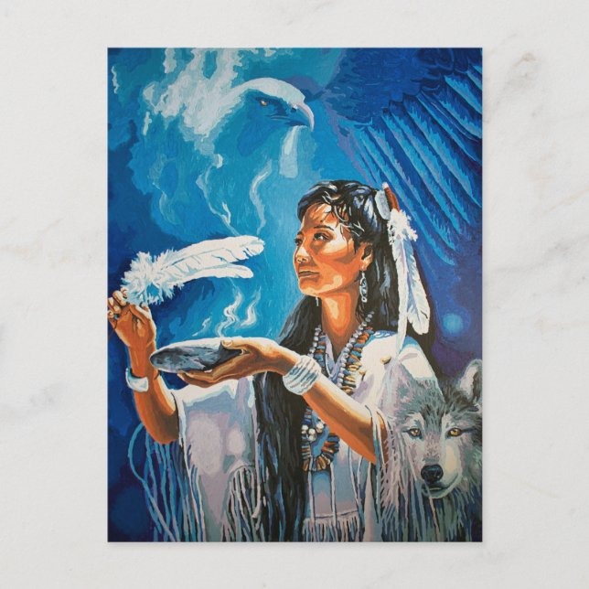 Pintura de la postal del lobo nativo americano de  (Anverso)