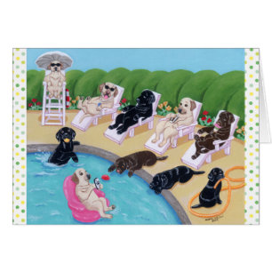 Pintura de Labradors del fiesta del Poolside