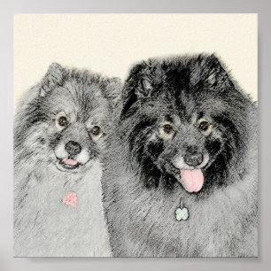 Pintura de madre y hijo Keeshond - Arte de perro o