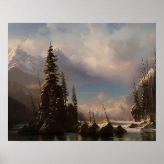 Pintura de montaña de nieve en el lago - arte pais