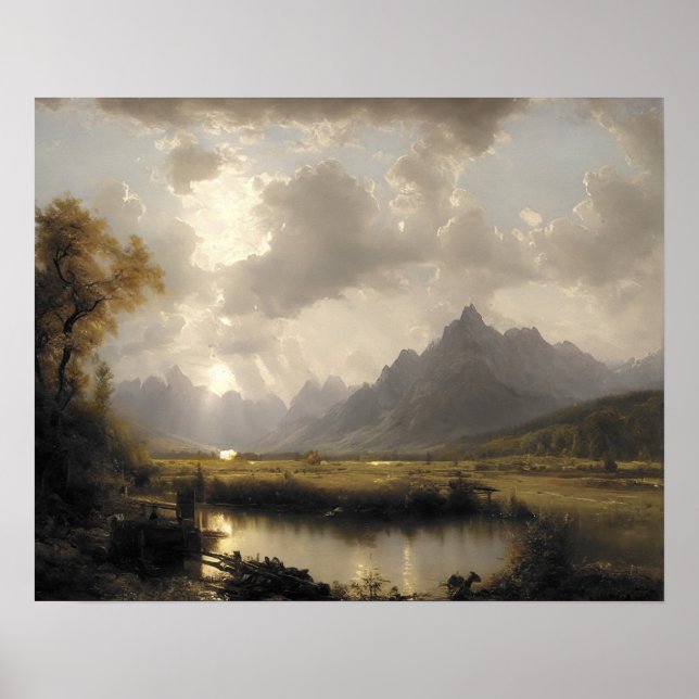 Pintura de montaña de nieve en el lago - arte vint (Frente)