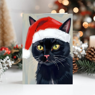Pintura de Navidad de Gato Negro con Gorro de Sant
