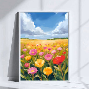 Pintura de paisaje de campo de flores arte cartel 