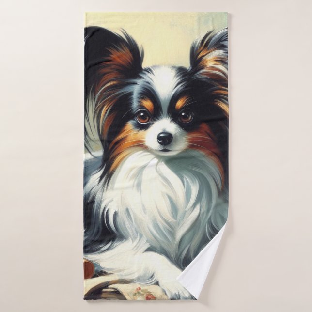 Pintura de perro de Papillon de época (Toalla de baño)