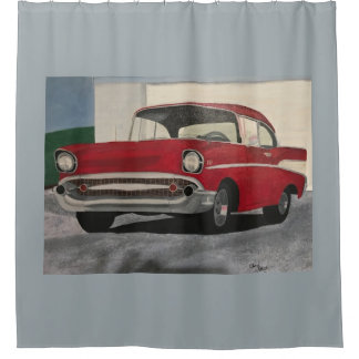 Pintura de un viejo coche rojo, cortinas de ducha