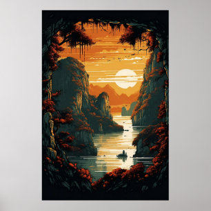 Pintura del amanecer sobre las montañas Arte Poste