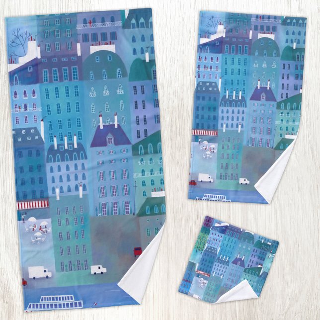 Pintura del paisaje urbano de París en azul (Paris France cityscape blue art bathroom towel set.)