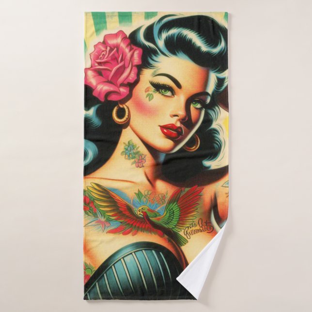Pintura del tatuaje de la vieja escuela retro (Toalla de baño)