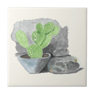 Pintura en Acuarela de Cactus Opuntia en Baldosa C