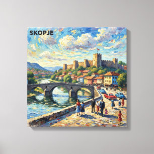 Pintura en lienzo del puente de piedra y la fortal