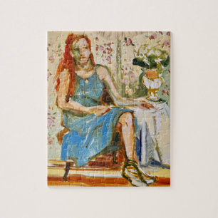 Pintura impresionista, mujer de azul, rompecabezas