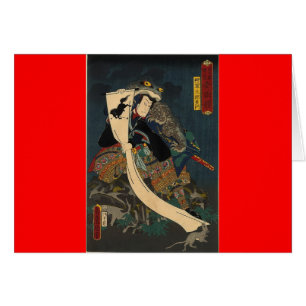 Pintura japonesa antigua, samurai con el sapo