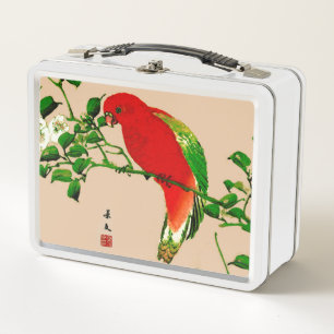 Pintura japonesa vintage de un loro, rojo y verde