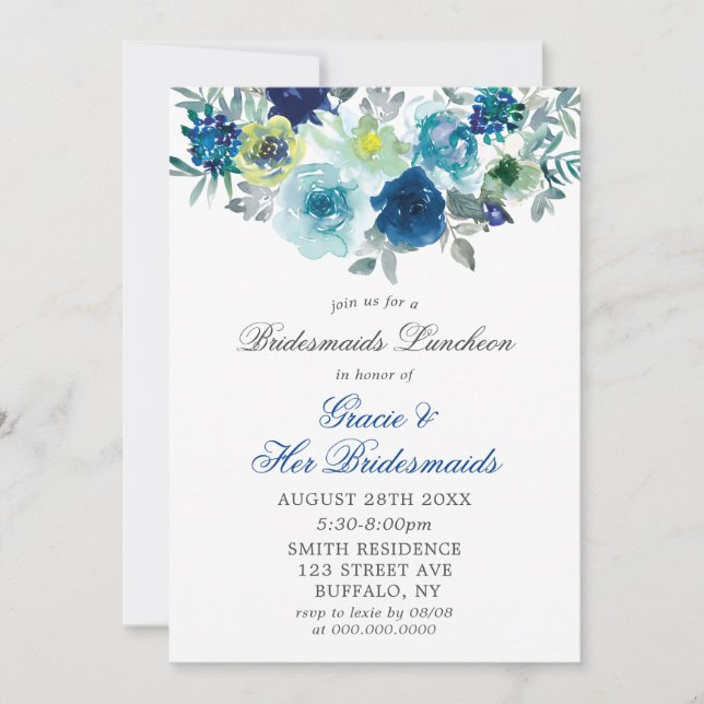 Pintura Verde azulada azul Peony Bridesmaids Invit (Anverso)