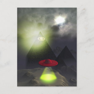Pirámide de Illuminati y postal de OVNI