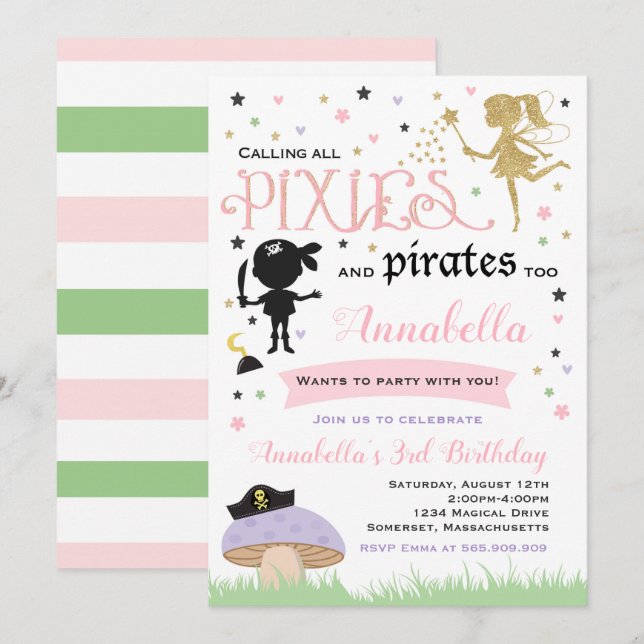 Pirata de la hada de la invitación del cumpleaños (Anverso / Reverso)
