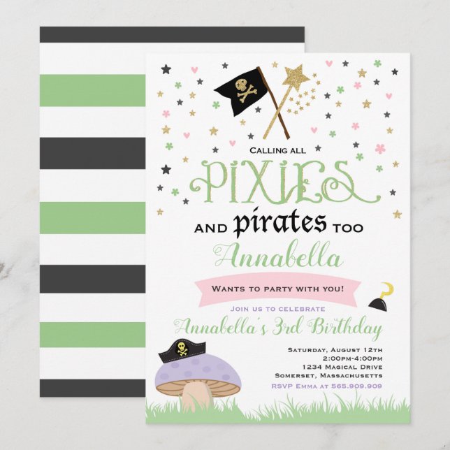 Pirata de la hada de la invitación del cumpleaños (Anverso / Reverso)