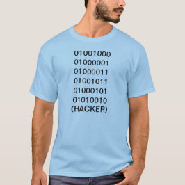 Pirata informático en camiseta del código binario