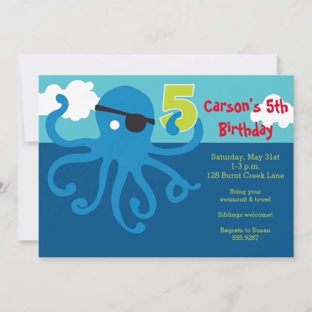 Pirata Octopus 5º cumpleaños Invitación Fiesta de  (Anverso)