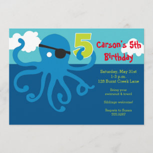 Pirata Octopus 5º cumpleaños Invitación Fiesta de 
