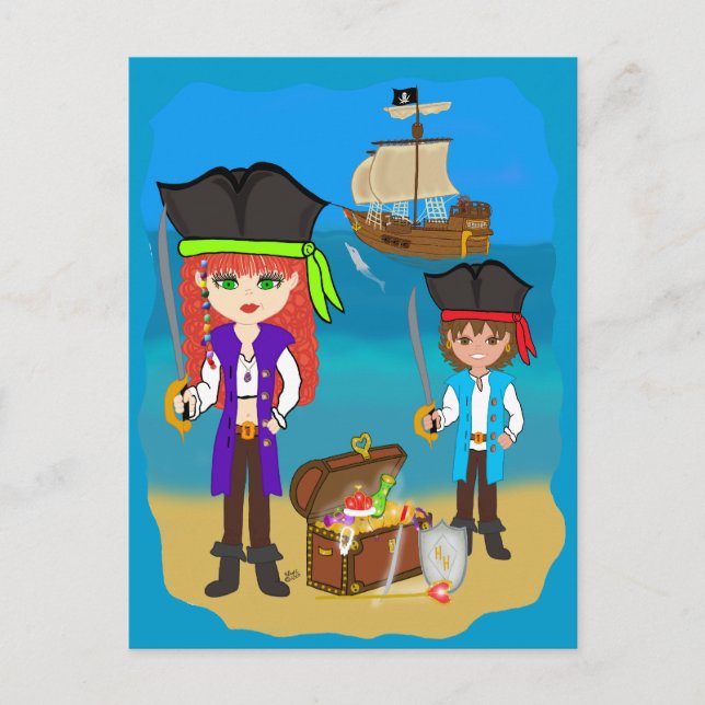Piratas chicas y niños con tarjeta postal de barco (Anverso)