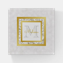 Elegante Monograma Dorado Cuero de Mármol Gris