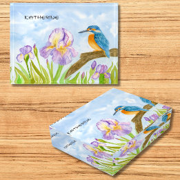 Pisapapeles Martín pescador acuarela con lirios púrpura 