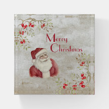 Santa Claus Watercolor Invierno Red Berries Vintag