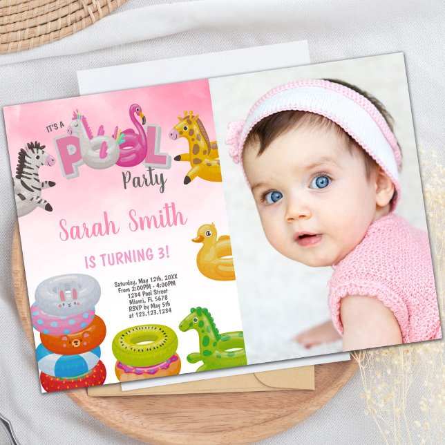 Piscina de Chicas de Unicornio Invitaciones de cum (Unicorn Girls Pool Birthday Invitations with photo)