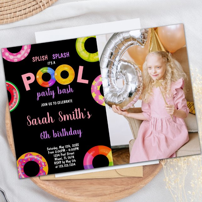 Piscina de chicas Invitaciones de cumpleaños con f (Girls Pool Birthday Invitations with photo)