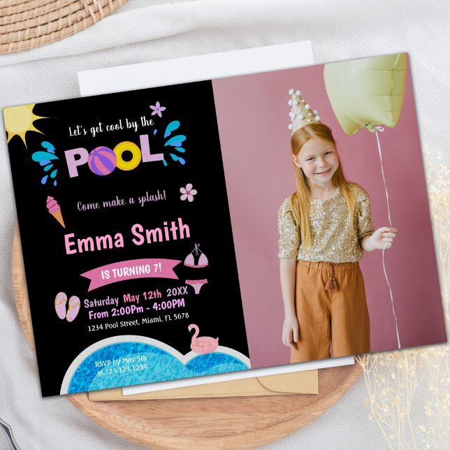 Piscina de fondo negro Invitaciones de cumpleaños  (Black Background Pool Birthday Invitations w photo)
