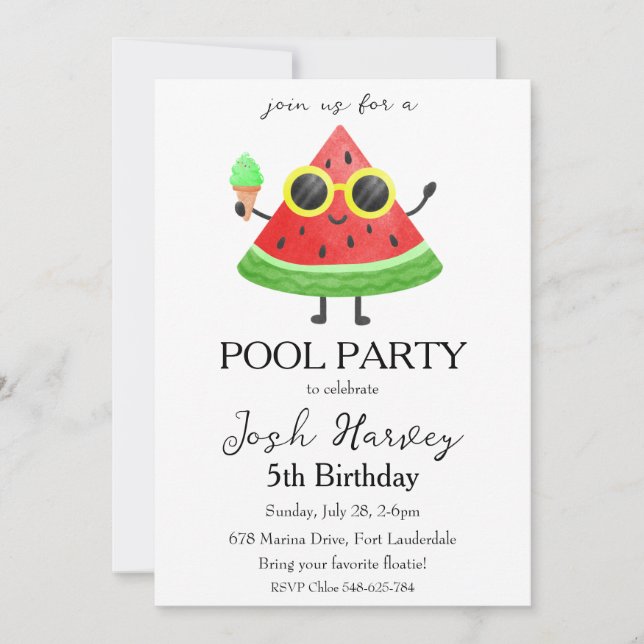 piscina de sandía invitaciones de fiesta de cumple (Anverso)