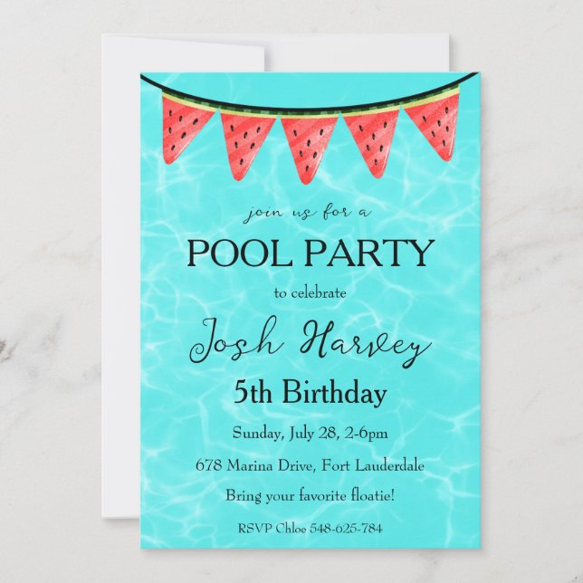 piscina de sandía invitaciones de fiesta de cumple (Anverso)