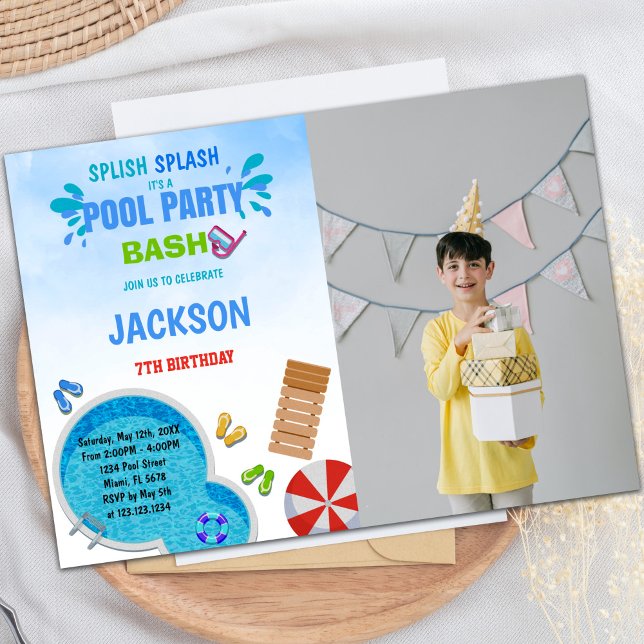 Piscina Fiesta Piscina Invitaciones de cumpleaños  (Pool Party Pool Birthday Invitations with photo)