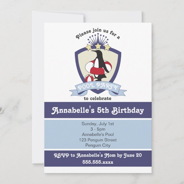 Piscina infantil Cute Pingüino Invitaciones a fies (Anverso)