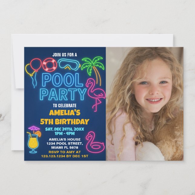 Piscina Neon Lights Invitación de cumpleaños con f (Anverso)