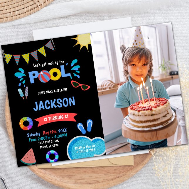 Piscina Red Sunglass Invitaciones de cumpleaños co (Red Sunglass Pool Birthday Invitations w photo)