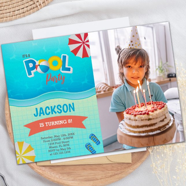 Piscina verde azul Invitaciones de cumpleaños con  (Blue Green Pool Birthday Invitations with photo)