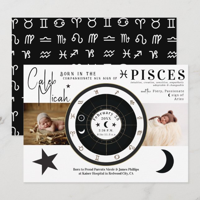 Piscis Sol y Signo Lunar Anuncio de Cumpleaños Zod (Anverso / Reverso)