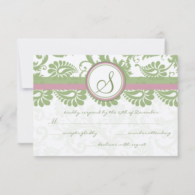 Pistachio Clover Lavanda rosa Damask Wedding RSVP (Reverso)