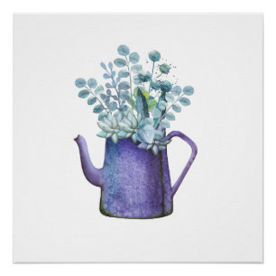 Pitcher azul con Poster acuarela de flores