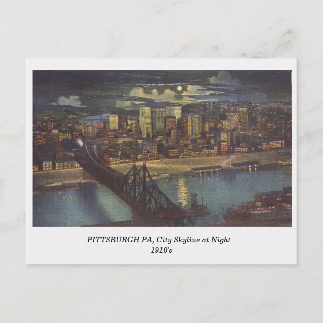 Pittsburgh PA, City Skyline en la postal nocturna  (Anverso)