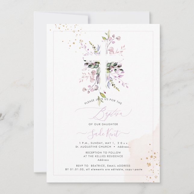 PixDezines H2 Eucalyptus Rosa Bautismo Invitación (Anverso)