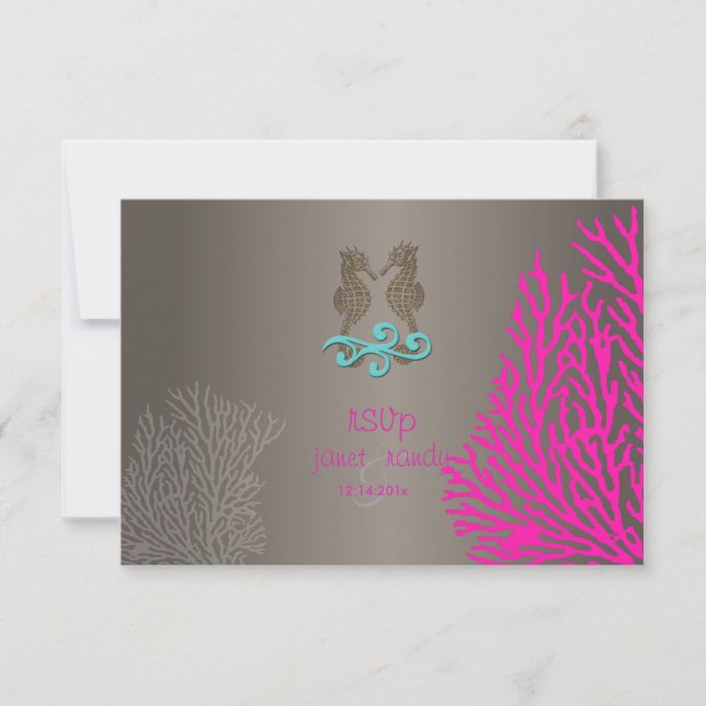 PixDezines rsvp Coral rosa + ahorse de mar, fiesta (Anverso)