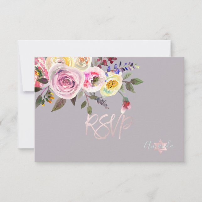 PixDezines RSVP Rosas de acuarela Bat Mitzvah ✡ (Anverso)