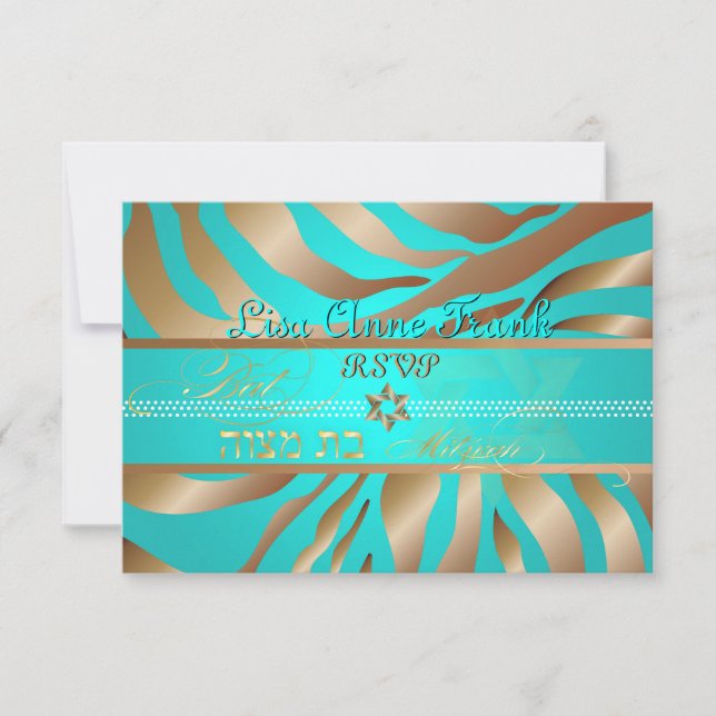 PixDezines rsvp Tan+Aqua Zebra, Bat Mitzvah (Anverso)