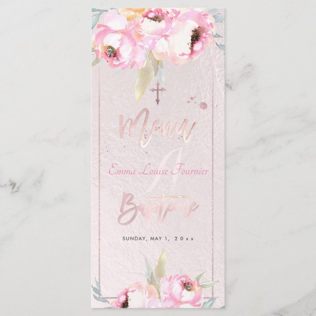 PixDezines Watercolor Peonies Baptême Menú Francés (Anverso)